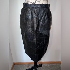 Vintage ALAMOS Black Patchwork Leather Pencil Skirt High Waisted MIDI Size 11/12